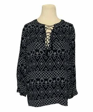 Madewell Black Primal Print 3/4 Sleeve Boho Tunic Blouse Small